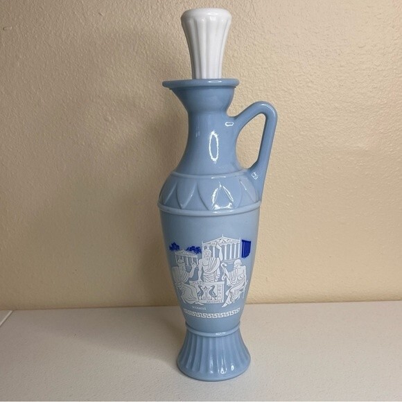 Vintage 1961 Jim Beam Grecian Style Blue Milk Glass Decanter Cork Lid Plato - Picture 12 of 13